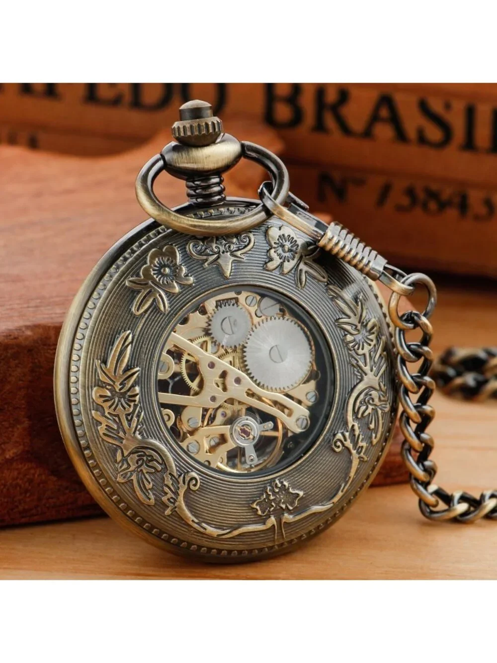 Men's Gold Bronze Wild Animals Skeleton Roman Numerals Mechanical Pocket Watch